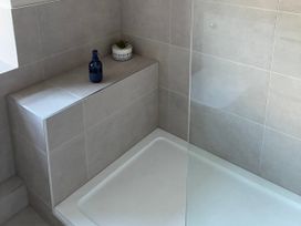 A shower with a soap dispenser and a small plant at Hen Stabl at Tyn Llan, Llanbadrig Cemaes