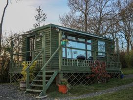 A green wooden cabin with steps leading to a porch surrounded by plants and trees at Tench Hut Hadlow Down near Crowborough