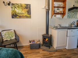 A compact kitchen area with a small wood burning stove a wicker basket a chair with a tree cushion and a wall shelf with glassware at Tench Hut Hadlow Down near Crowborough