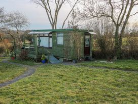 A small green wooden cabin with a deck and plants around it in a grassy yard at Tench Hut Hadlow Down near Crowborough