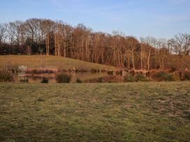 A grassy field with a pond and leafless trees in the background at Tench Hut in Hadlow Down near Crowborough