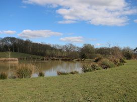 A pond with grass and bushes around and trees in the background at Tench Hut Hadlow Down near Crowborough