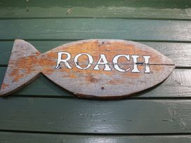 A wooden sign shaped like a fish with the word ROACH on a green wall at Roach Hut in Hadlow Down near Crowborough
