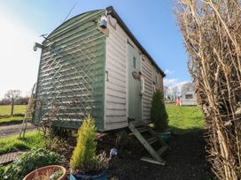 A small wooden hut with steps leading to green doors surrounded by plants and grass at Roach Hut in Hadlow Down near Crowborough