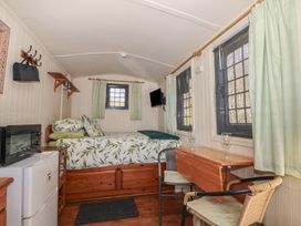 A small bedroom with a bed with leaf patterned bedding a microwave on a mini fridge a wall-mounted TV a small fold-out table with two chairs and three windows with light green curtains at Carp Hut in Hadlow Down near Crowborough