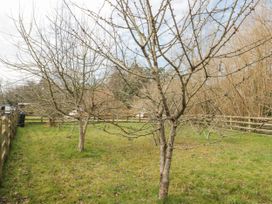 An outdoor fenced garden area with leafless trees on grass at Bell tent 3 in Camerton near Timsbury