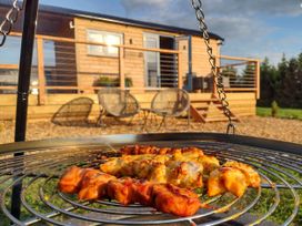 A grill with skewers in front of a cabin with a deck at Fir Tree Shepherd's Hut in Llanon