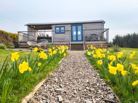 A wooden hut with a path lined by flowers at Fir Tree Shepherd's Hut in Llanon