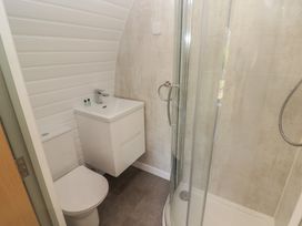 A small bathroom with a toilet a wall-mounted sink and a curved glass shower enclosure at The Rowan Pod in Cowbridge