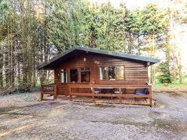 A wooden cabin with a small porch and outdoor seating surrounded by tall trees at Pheasant Withern near Alford