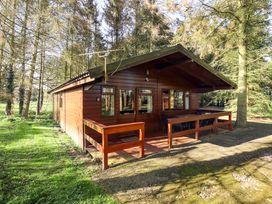 A wooden cabin with a covered porch and outdoor seating surrounded by trees at Kestrel in Withern near Alford