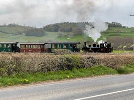 A steam train passing through green fields at Upper Dolarddyn Castle Caereinion