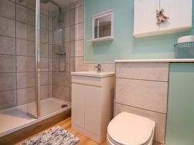 A bathroom with a shower cubicle, a white vanity unit with sink, a toilet, and a wall-mounted cabinet at Walnut Cottage in Halkyn