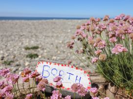 A beach with pink flowers and a painted rock with the word Borth