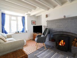 A living room with a fireplace armchair sofa and television at Glan Y Mor Borth in Borth