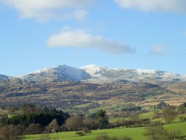 A landscape view of mountains with snow and green fields at Cyffdy Cottage - Arenig in Bala