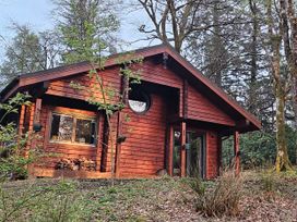 A red wooden cabin surrounded by trees and vegetation at Esk Lodge in Salen Isle Of Mull