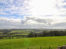A green field with trees and hills under a cloudy sky at Pagecroft Cottage in Haydon Bridge