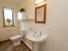 A bathroom with a toilet, sink, and mirror at Beechwood in Wood Norton