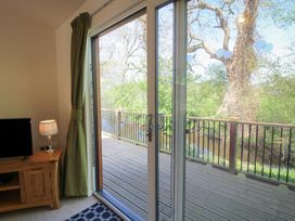 A room with a wooden cabinet holding a lamp and a television next to sliding glass doors leading to a wooden deck overlooking trees and a river at Chestnut Lodge in Clunton near Clun