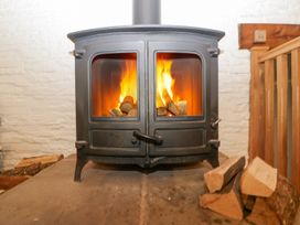 A wood-burning stove with fire inside and a pile of firewood next to it at White Haywood Farmhouse & Barn in Craswall