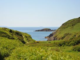 A coastal view with hills and a ship at 5 Cart-Tws Bach in St Davids