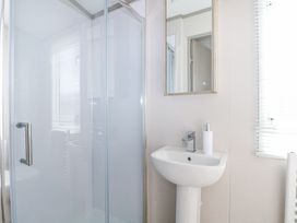 A bathroom with a shower enclosure a pedestal sink with a soap dispenser and a mirror cabinet at HW42 in Bognor Regis
