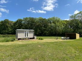 A small shepherd hut on a grassy field with a wooden shelter and picnic table near trees at Shepherd Hut 1 in Northchapel
