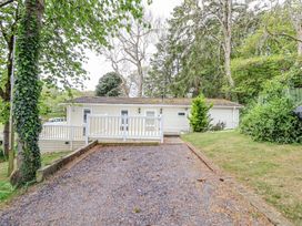 A single-story house with a white railing deck and gravel driveway surrounded by trees and shrubs at 155 Woodland Hall Lyons in Ruthin