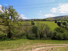 A grassy field with trees and hills under a clear sky at The Owlet in Dolwen near Llanidloes