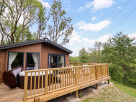 A wooden cabin with a hot tub and decking at The Owlet in Dolwen near Llanidloes
