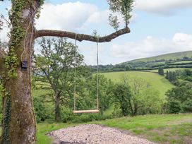 A swing hanging from a tree with hills in the background at The Owlet in Dolwen near Llanidloes
