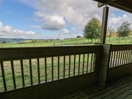 A view from a wooden terrace showing fields and trees at Dan Y Coed near Beggar's Bush