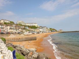 A beach with orange sand and waves along a shore with buildings on a hillside at Moonlight in Ventnor