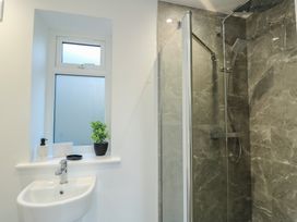 A bathroom with a shower, sink, and a plant at Hen Siop in Niwbwrch (Newborough)