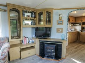 A living room with a television and fireplace at Meadow Island Caravan in Penygroes