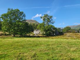 A house and trees in a field near mountains at Deer How Farm in Patterdale near Glenridding