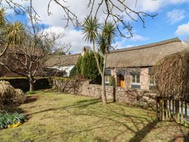 A garden with trees and a stone wall in front of a thatched cottage at Meadow Thatch in Cockington