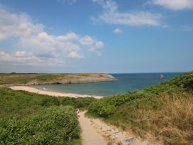 A pathway leading down to a sandy beach with green bushes on either side and a rocky coastline in the distance at Florence Pod Pembroke