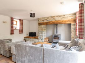 A living room with a wood stove and sofa at Gwernffridd 