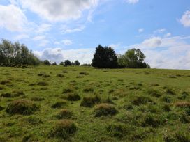 A grassy field with patches of raised grass and trees under a partly cloudy sky at Hillside in Bishops Cleeve