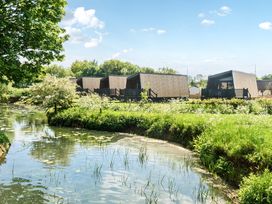 Wooden cabins next to a river with trees and grass at Billing Aquadrome Holiday Park