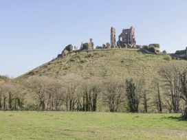 A view of castle ruins on a hill with trees and grass at Flat 9 in Swanage