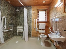 A bathroom with a shower area a toilet a sink and wooden walls at Sycamore Lodge in Rosliston