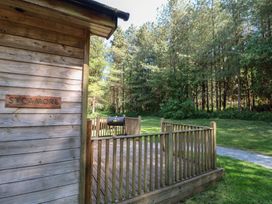 An outdoor wooden deck with railing and a barbecue grill next to a wooden building with a sycamore sign surrounded by trees at Sycamore Lodge in Rosliston
