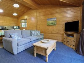 A living room with a gray sofa wooden coffee table television on a stand and wooden walls at Cedar Lodge in Rosliston
