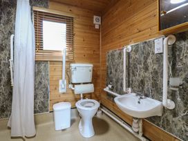 A bathroom with a toilet sink shower curtain and wooden walls at Cedar Lodge in Rosliston