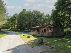 A wooden cabin with a fenced porch beside a gravel road and surrounded by trees at Cedar Lodge in Rosliston
