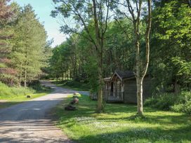 A gravel road with rocks on the side surrounded by trees and a wooden cabin at Cedar Lodge in Rosliston