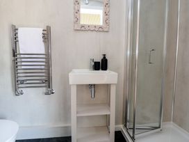A bathroom featuring a sink, shower, and towel rail at Shepherd's Hut in Wrexham